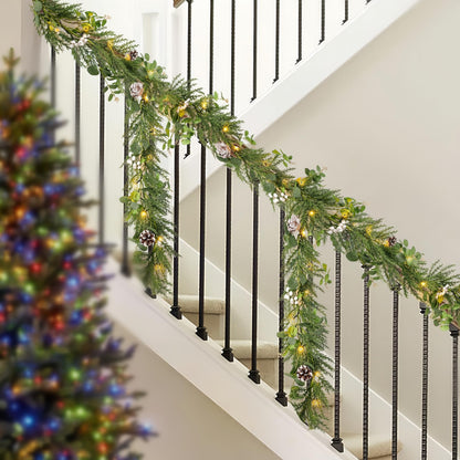 Flopttsun 6FT Christmas Garlands with 20 LED Lights,Prelit Articial Spruce Garland with Eucalyptus Berry Pinecone,Battery Operated for Stair Winter Indoor Home Decor