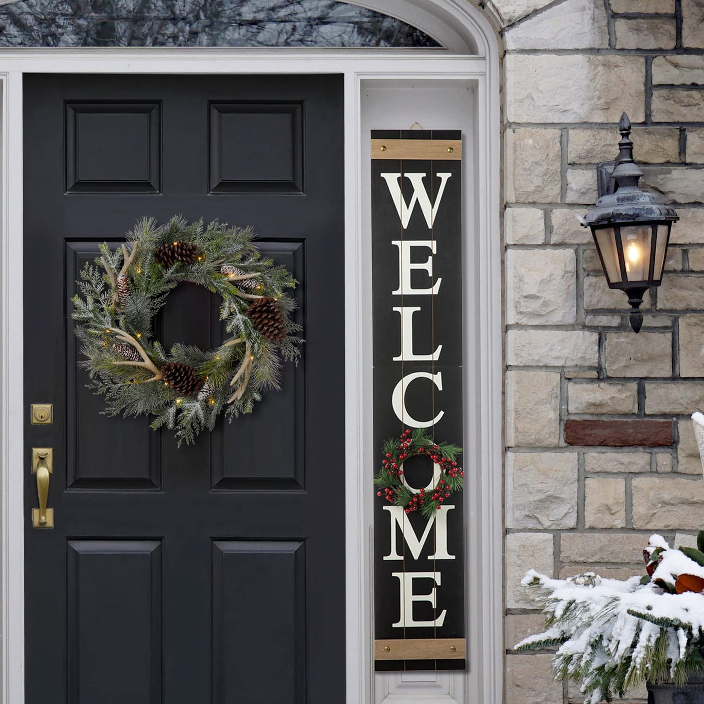 Glitzhome 60”H Welcome Sign for Front Door Porch Farmhouse Wooden Hanging Wall Sign with 4 Interchangeable Floral Wreaths for Seasons Spring Summer Fall Harvest Thanksgiving Christmas Home Decor