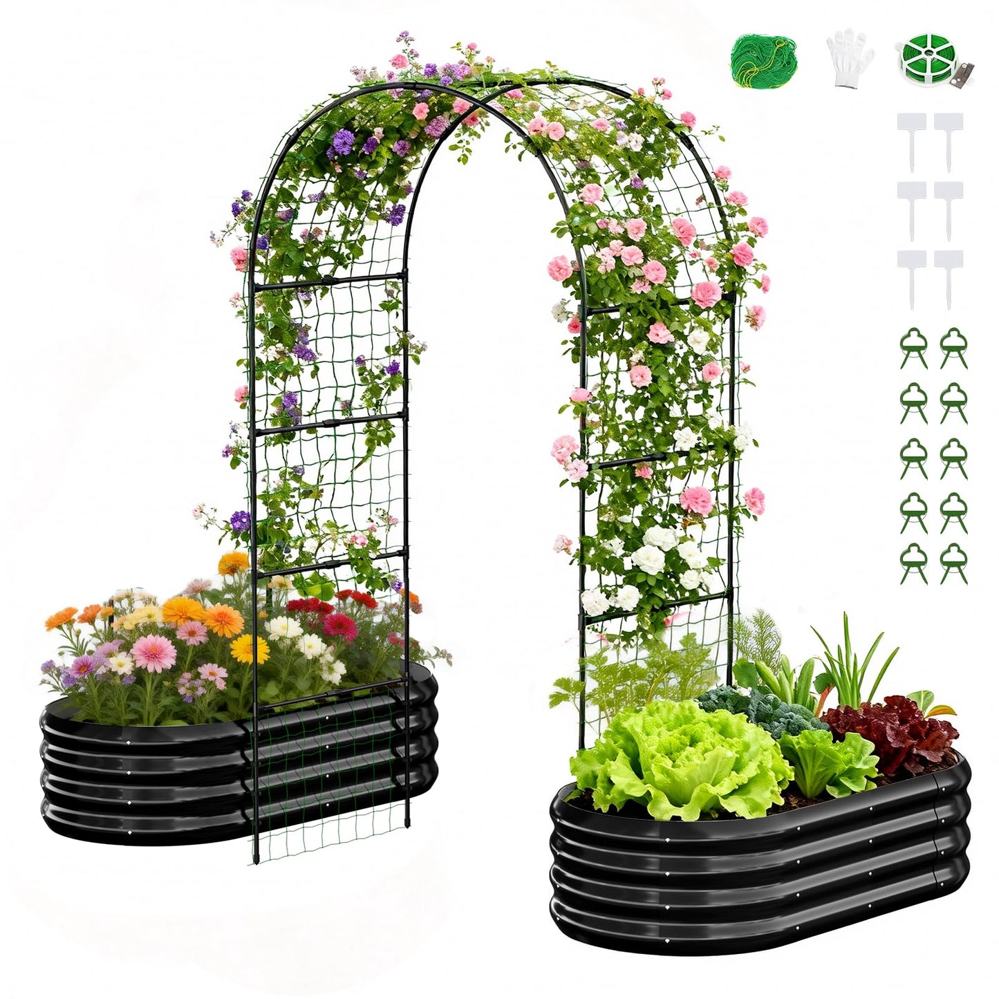 SUNYRISY Galvanized Raised Garden Bed with 87" H Arch Trellis for Climbing Plants Outdoor, Metal Planter Box with Netting for Gardening Flowers Vegetables Fruit Herb, Black