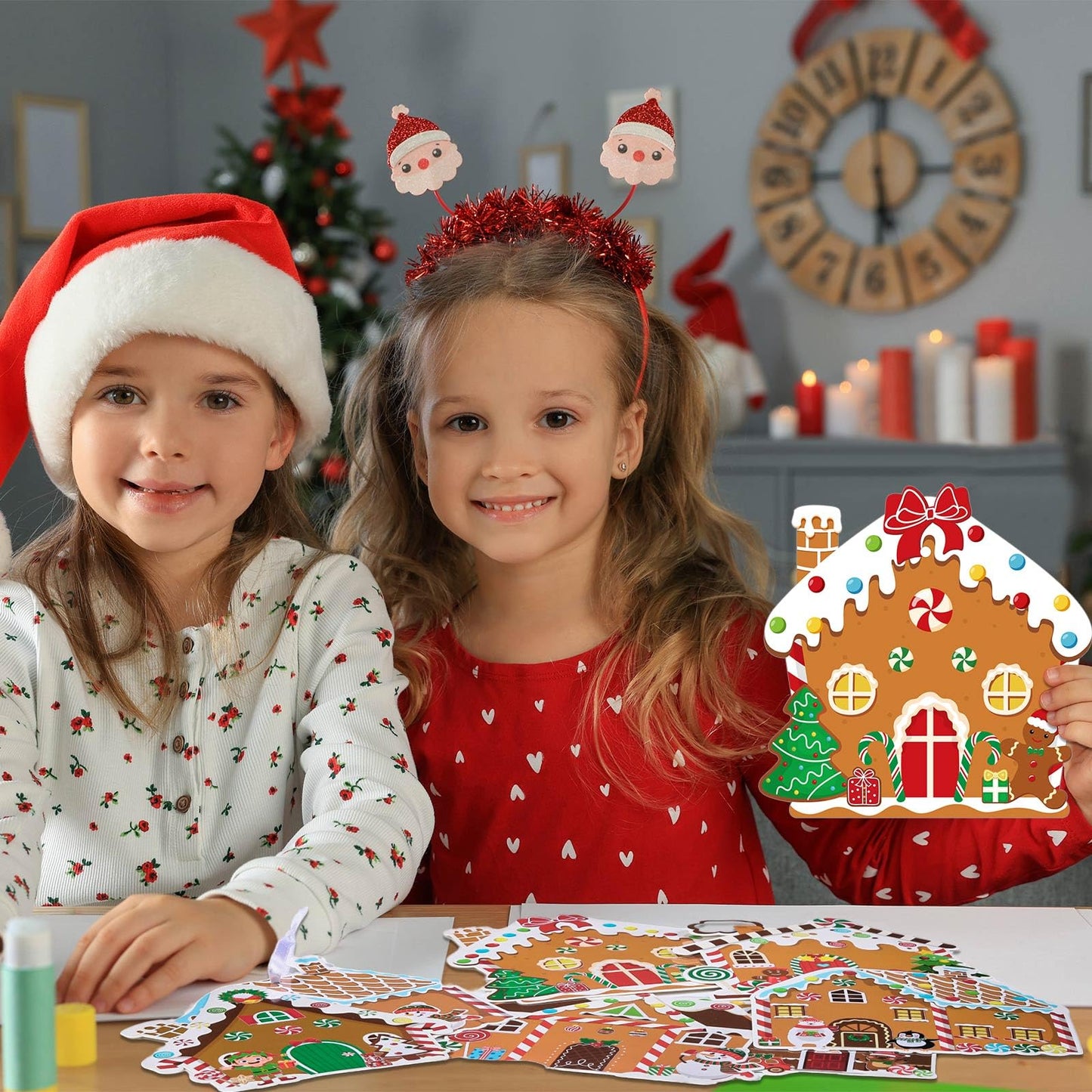 Pasimy Christmas Crafts Kits for Kids Xmas Gingerbread House Crafts DIY Christmas Tree Ornament Kit Make Your Own Gingerbread House Craft Stickers for Holiday Xmas Classroom Party Favors(48pcs)