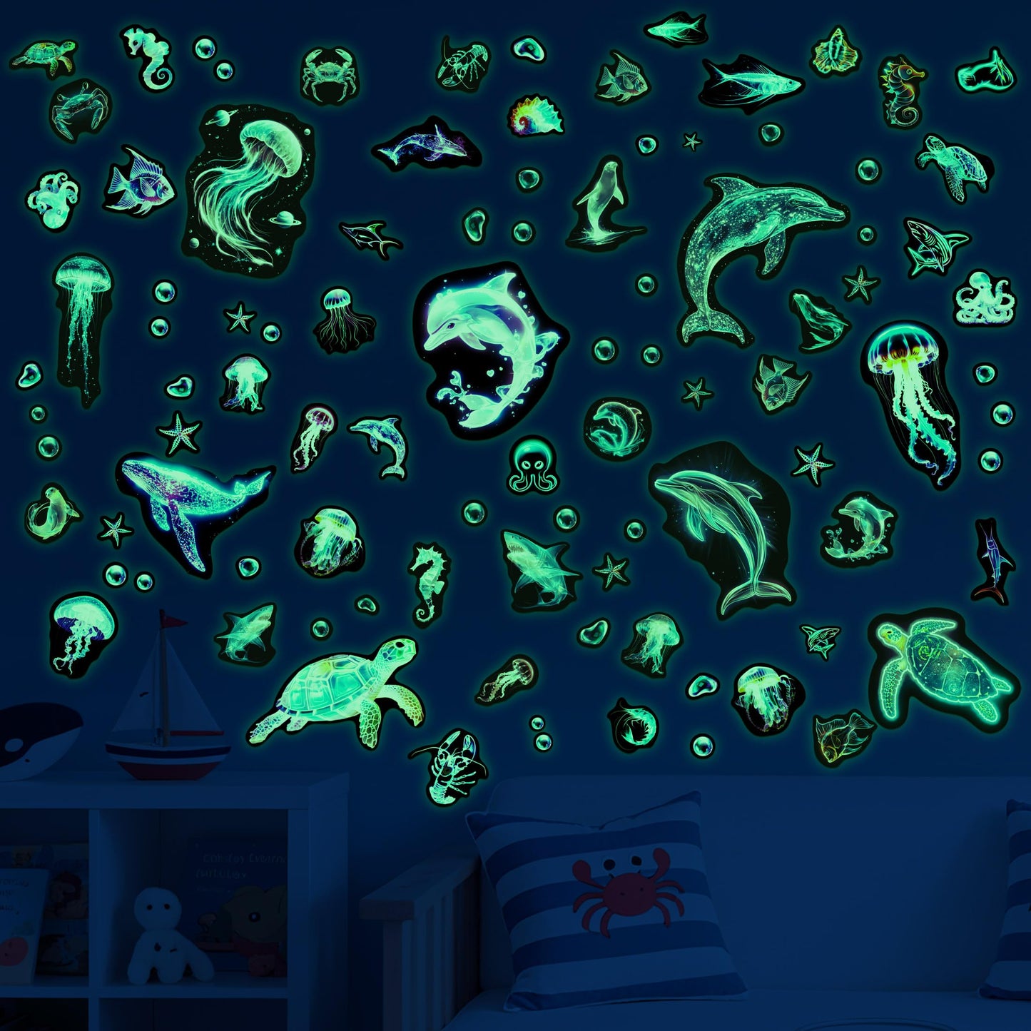 Fantasy Ocean Fish Wall Decals Glow in The Dark, Colorful Neon Ocean Animal Wall Stickers for Kids, Waterproof Vinyl Sea Creature Stickers, Ceiling Walls Room Bathroom Bedroom