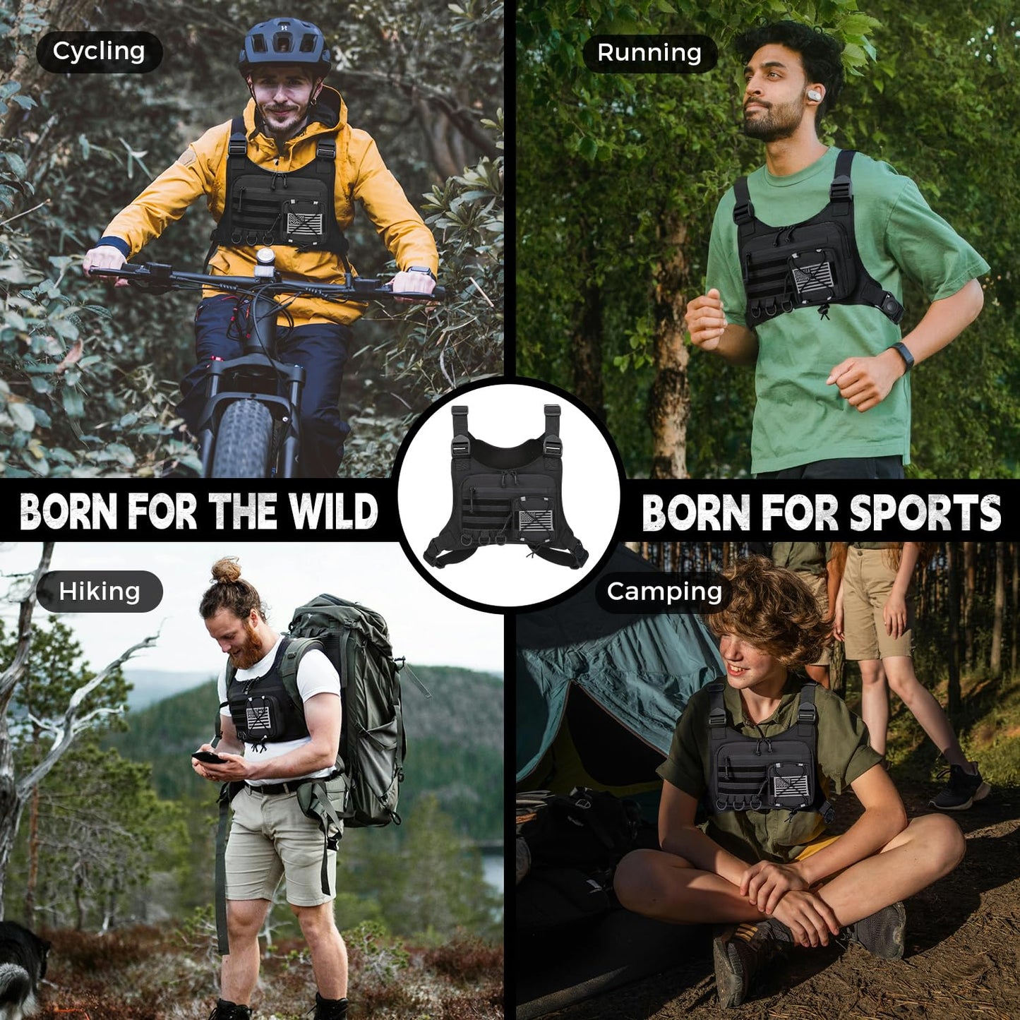 Outdoor Sports Chest Bag for Men, Chest Vest Holster Fits Most Pistols, Adjustable EDC Travel Chest Pack for Running, Hiking, Workouts (Black)
