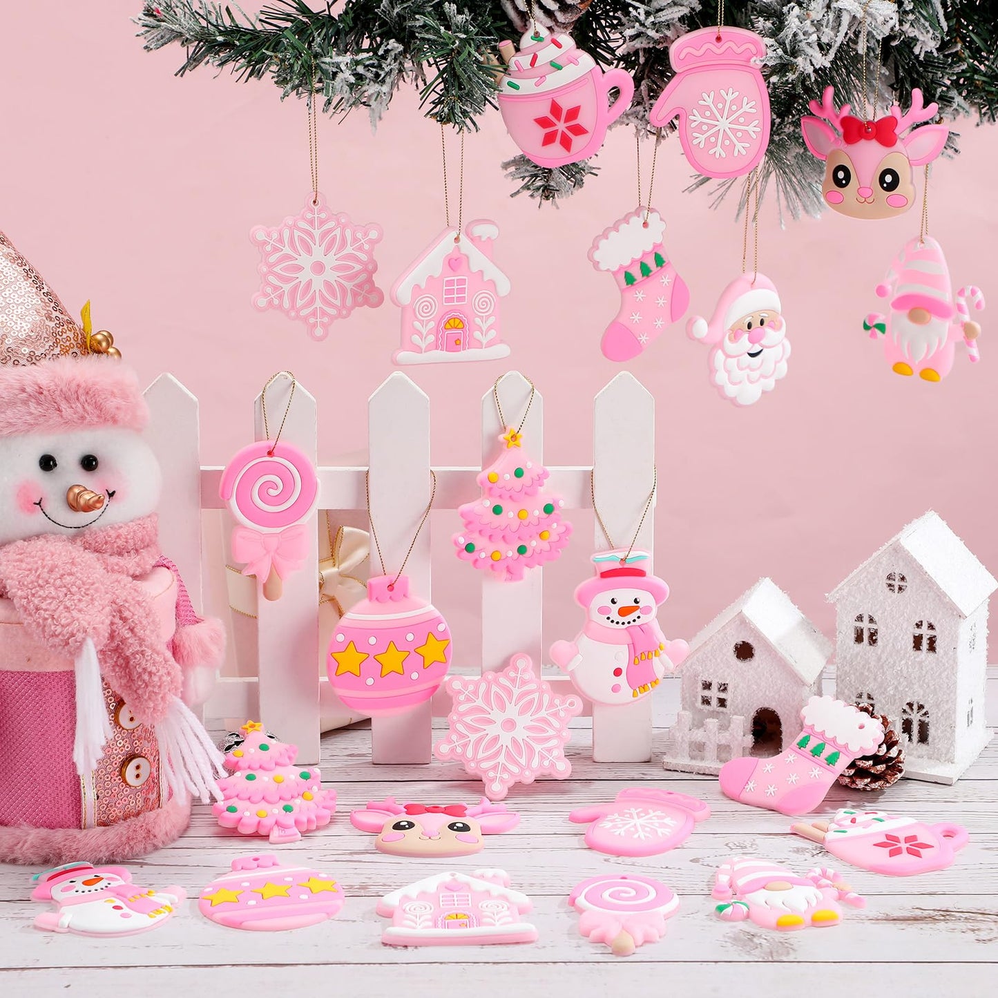 Lunmon 24 Pcs Pink Christmas Ornaments PVC Pastel Ornaments for Christmas Tree Santa Claus Gingerbread House Gnomes Xmas Baubles Winter Decorations for Xmas Tree Party Holiday Decor