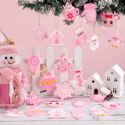 Lunmon 24 Pcs Pink Christmas Ornaments PVC Pastel Ornaments for Christmas Tree Santa Claus Gingerbread House Gnomes Xmas Baubles Winter Decorations for Xmas Tree Party Holiday Decor