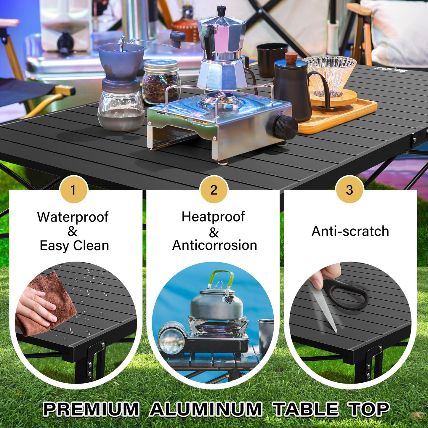 OUTSIDER Folding Camping Table with Aluminum Roll-up Tabletop Portable Lightweight Beach Table with Carry Bag for Outdoor Cooking, Picnic, BBQ, Travel, Backyard, Black, 46" x 28"