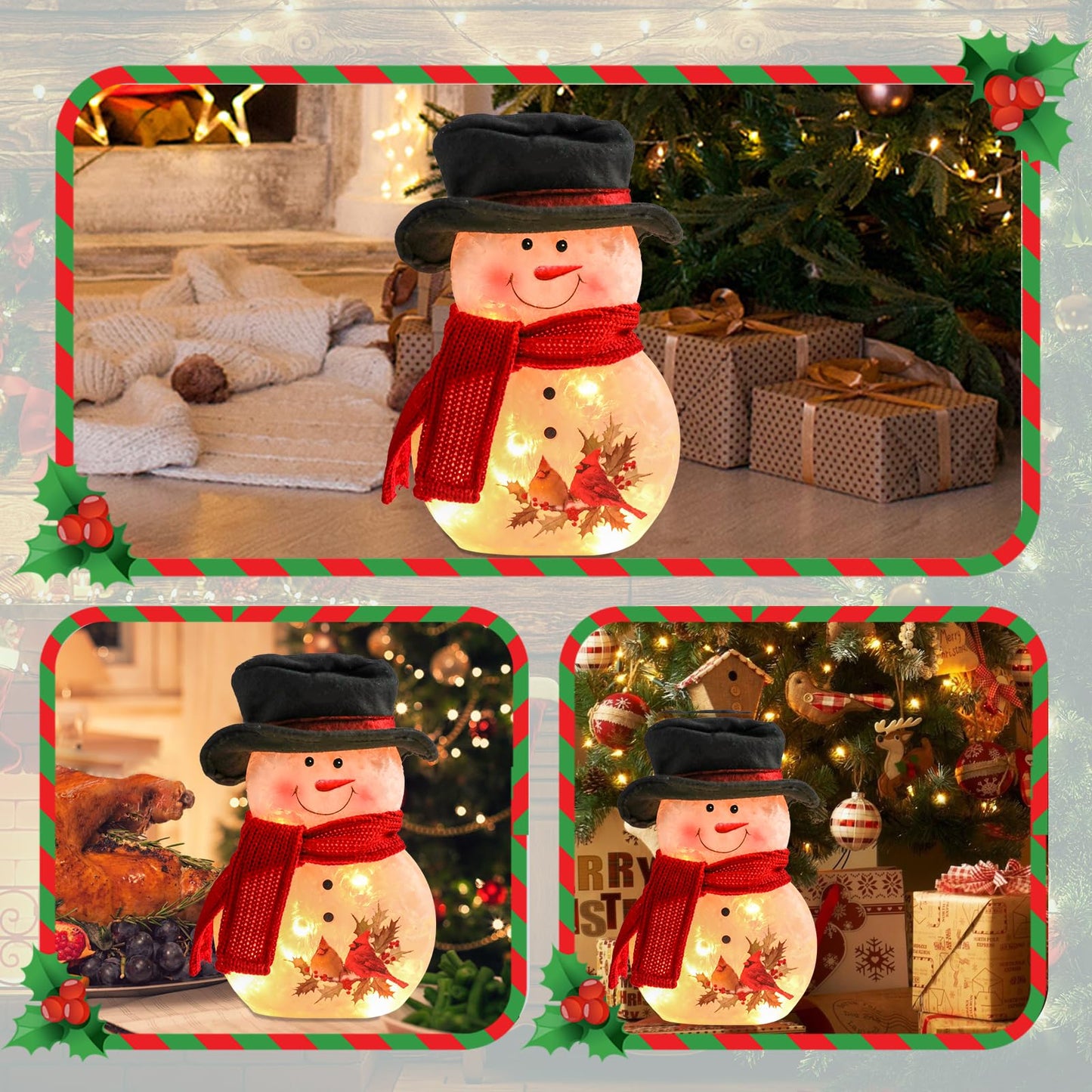 Yinns Lighted Christmas Snowman Lamp, Glass LED Light up Snowman Decor with Hand Painted, Christmas Decorations Night Light with Hat and Scarf, Xmas Holidays Home Decor