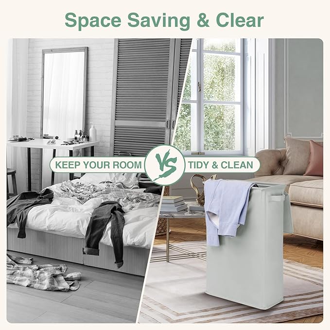 Slim Laundry Basket with Lid and Handles, Foldable Laundry Basket