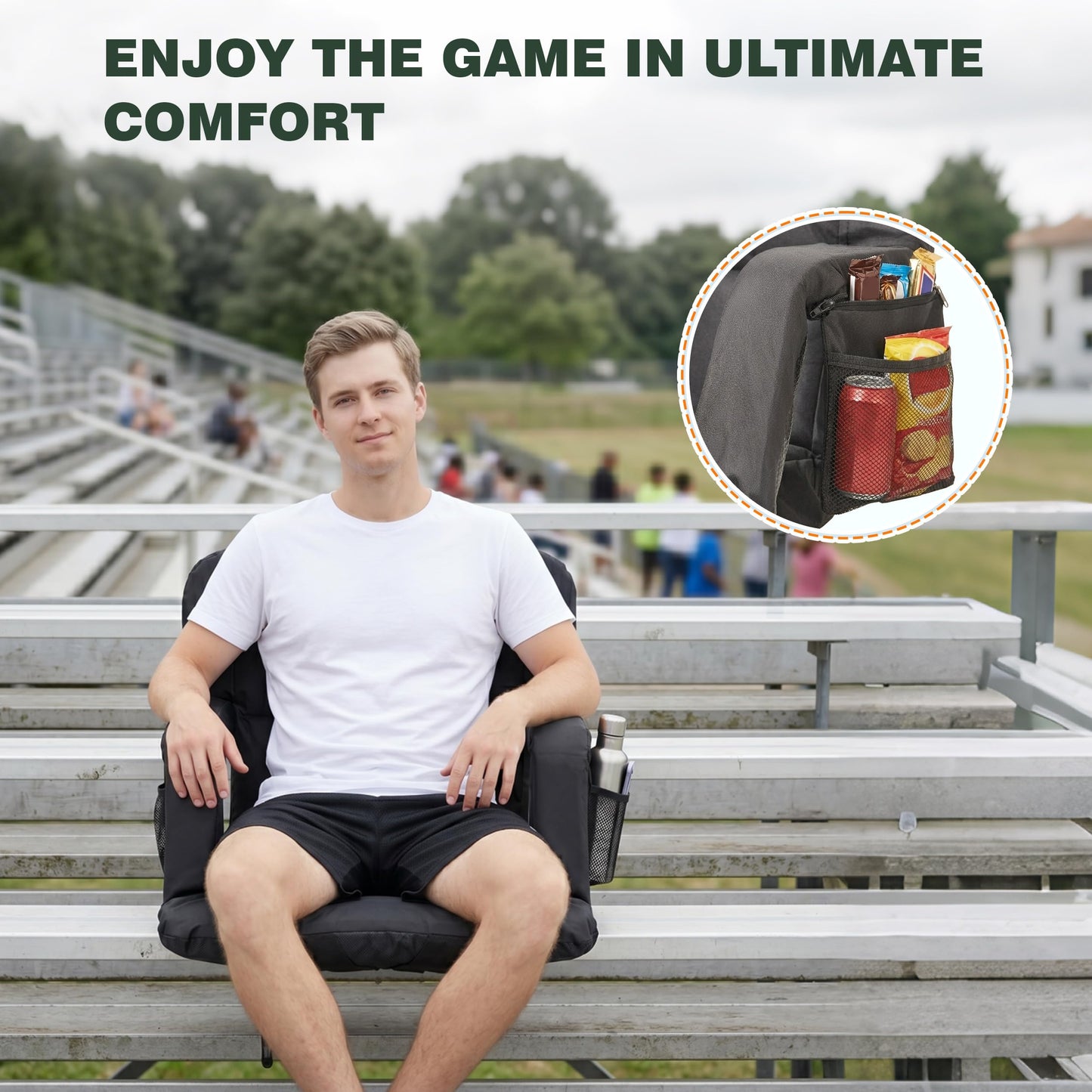 SUNNYFEEL Stadium Seat with Back Support Thick Cushion 6 Reclining Positions 264lbs Capacity Sofa Style Design with Side Pockets for Camping Beach Picnic Sports