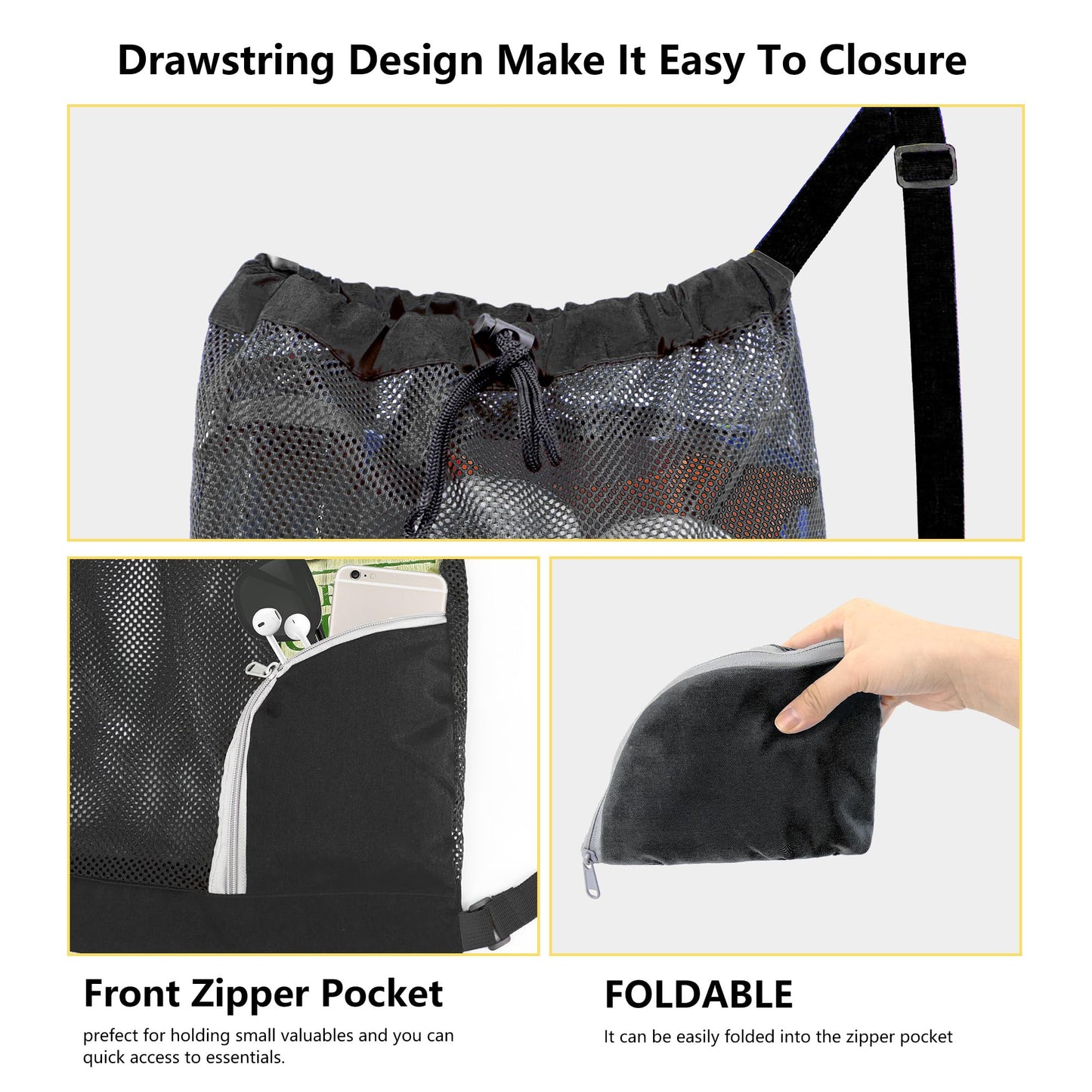 BeeGreen Mesh Drawstring Bag Swim Backpack for Beach Pool Sports Gym Draw String Cinch Bags for Swimming Soccer Basketball Gear Black