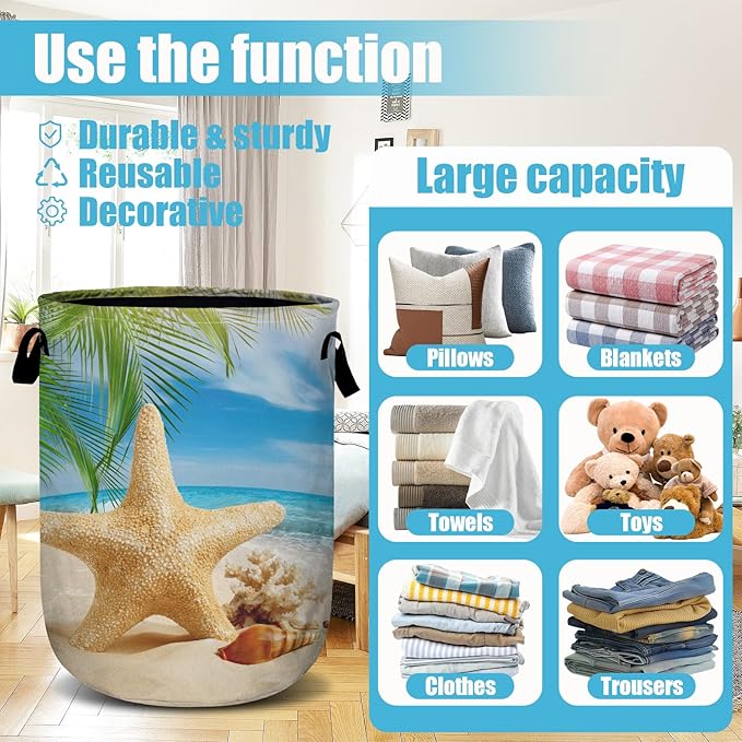 Starfish Seashell Laundry Basket, Ocean Sea Beach Laundry Hamper Collapsible