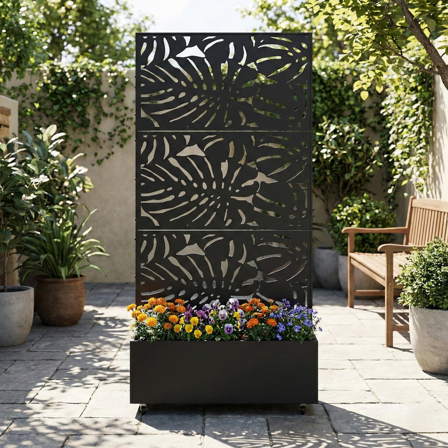 Qatiby Metal Raised Garden Bed with Trellis and Wheels, 71"x35"x16" Planter Box with Privacy Screen & Drainage Holes, Mobile Outdoor Garden Bed for Climbing Plants, Vegetables, Flowers (Black-Summer)