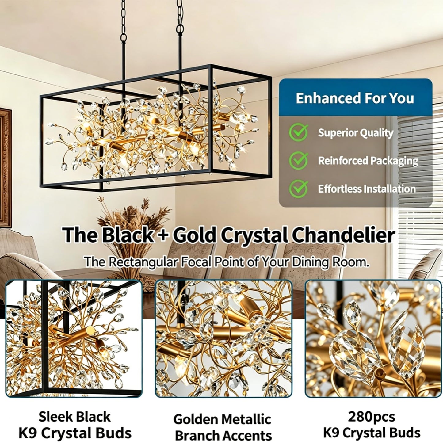 Vezzio Black and Gold Crystal Chandeliers for Dining Room, 8-Light Rectangle Modern Farmhouse Light Fixture, L38.5 in Adjustable Linear Chandelier Kitchen Island