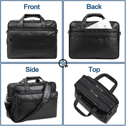 seyfocnia Leather Laptop Bag, Men's 17.3 Inch Messenger Briefcase Business Satchel Computer Handbag Shoulder Bag Fits 17.3 Inch Laptop Computer (Black)