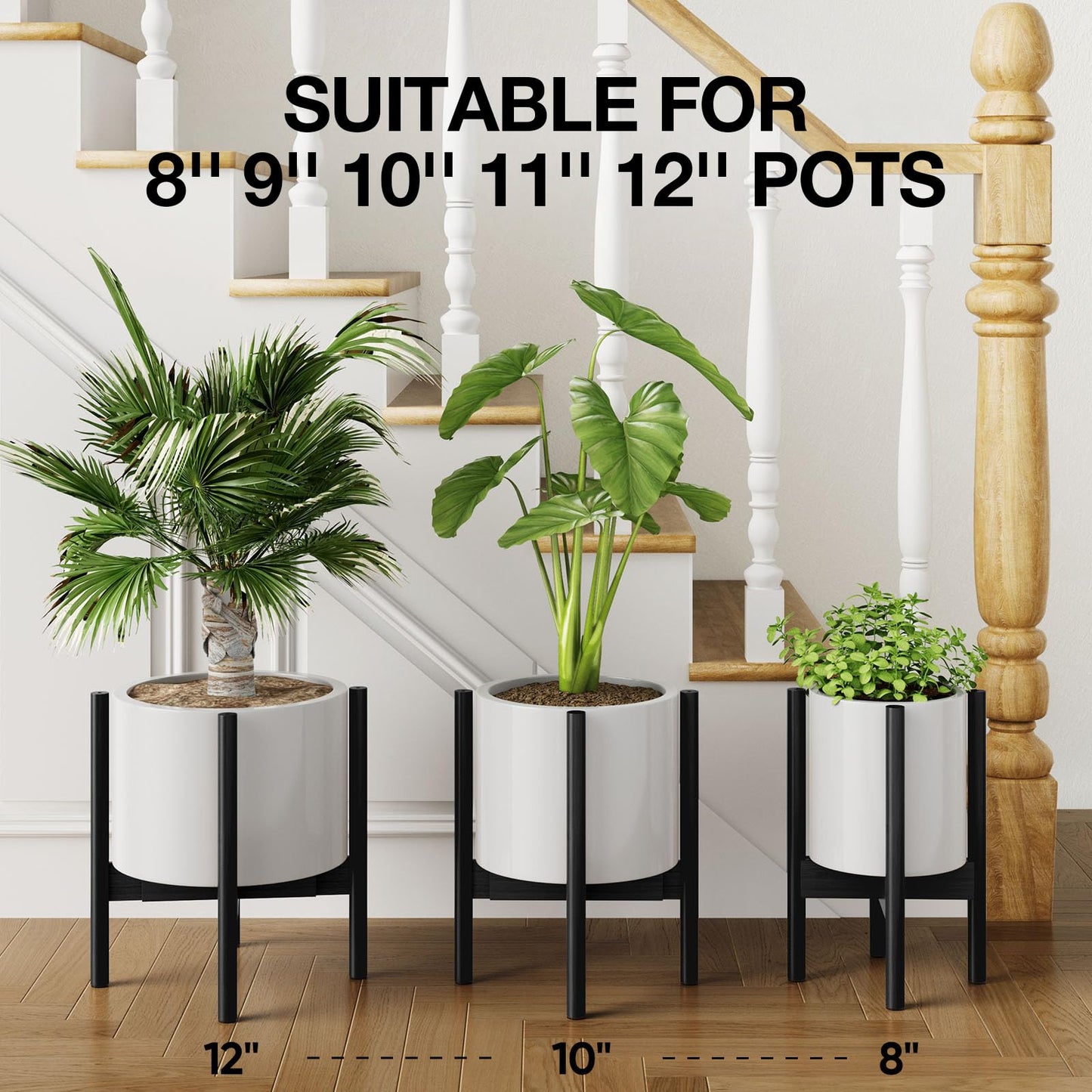 MUDEELA 14 Inch Tall Plant Stand for Indoor, Adjustable Width Bamboo Plant Stand for 8 9 10 11 12 Inches Pot, Single Tier Planter Holder Floor Stand, Mid Century Modern Style, Black, Without Pot