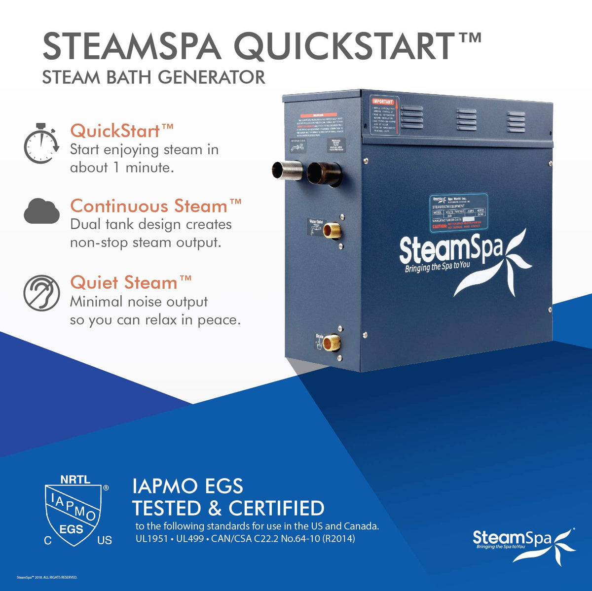 SteamSpa 9kW Steam Sauna Generator Executive Bundle 240V Steam Generator with Touch Pad, Steamheads, Pressure Relief Valve, Built-in Auto Drain, LED Light, Filter and Quick Install Kit EXT900CH-A