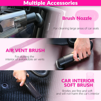 ThinkLearn Car Cleaning Kit, Car Vacuum Detailing Kit Interior with High Power Handheld Vacuum, Including 7Pcs Detailing Brush Set, Windshield Cleaner, Pink Car Accessories for Women