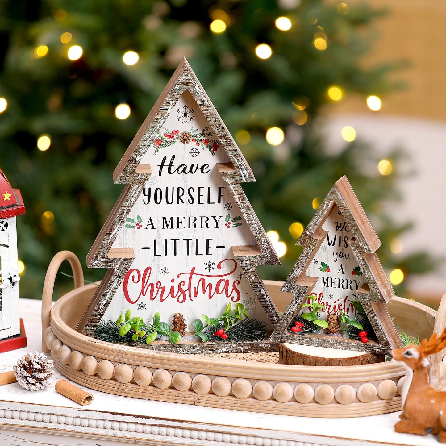 Pinkunn 2 Pcs Christmas Decorations for Home Farmhouse Christmas Tree Decor with Pinecones Rustic Wooden Xmas Centerpiece Natural Decorative Block Tabletop Sign for Xmas Party Holiday Table Home Decor