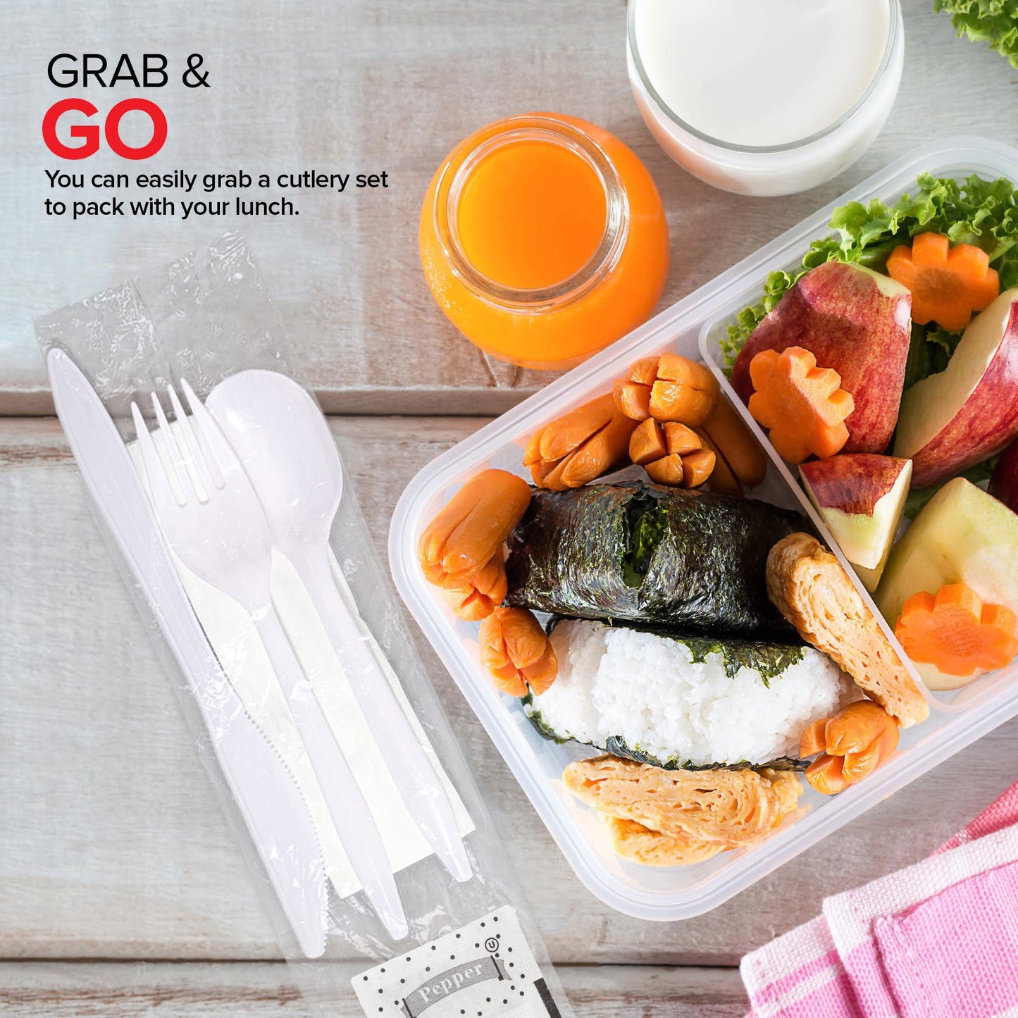 Individually Wrapped Plastic Cutlery Set with Napkin + Salt & Pepper Packets in White (250 Count) Prewrapped Disposable Silverware Bags, Bulk Utensils: Fork, Knife, and Spoon for Togo Eating