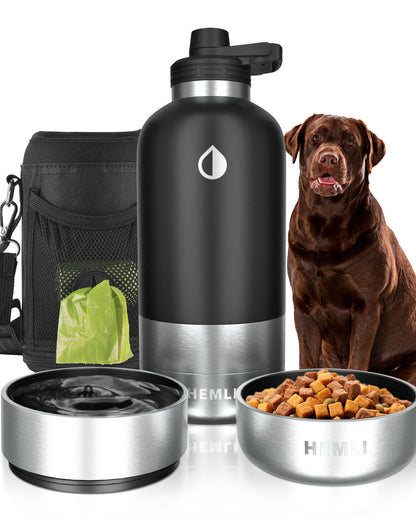 Dog Water Bottle, Insulated Dog Travel Water Bottle, Stainless Steel Pet Water Bottle Dispenser Portable Food and Water Bowl for Dogs with Carrying Case for Walking Dog Canteen Travel Kit