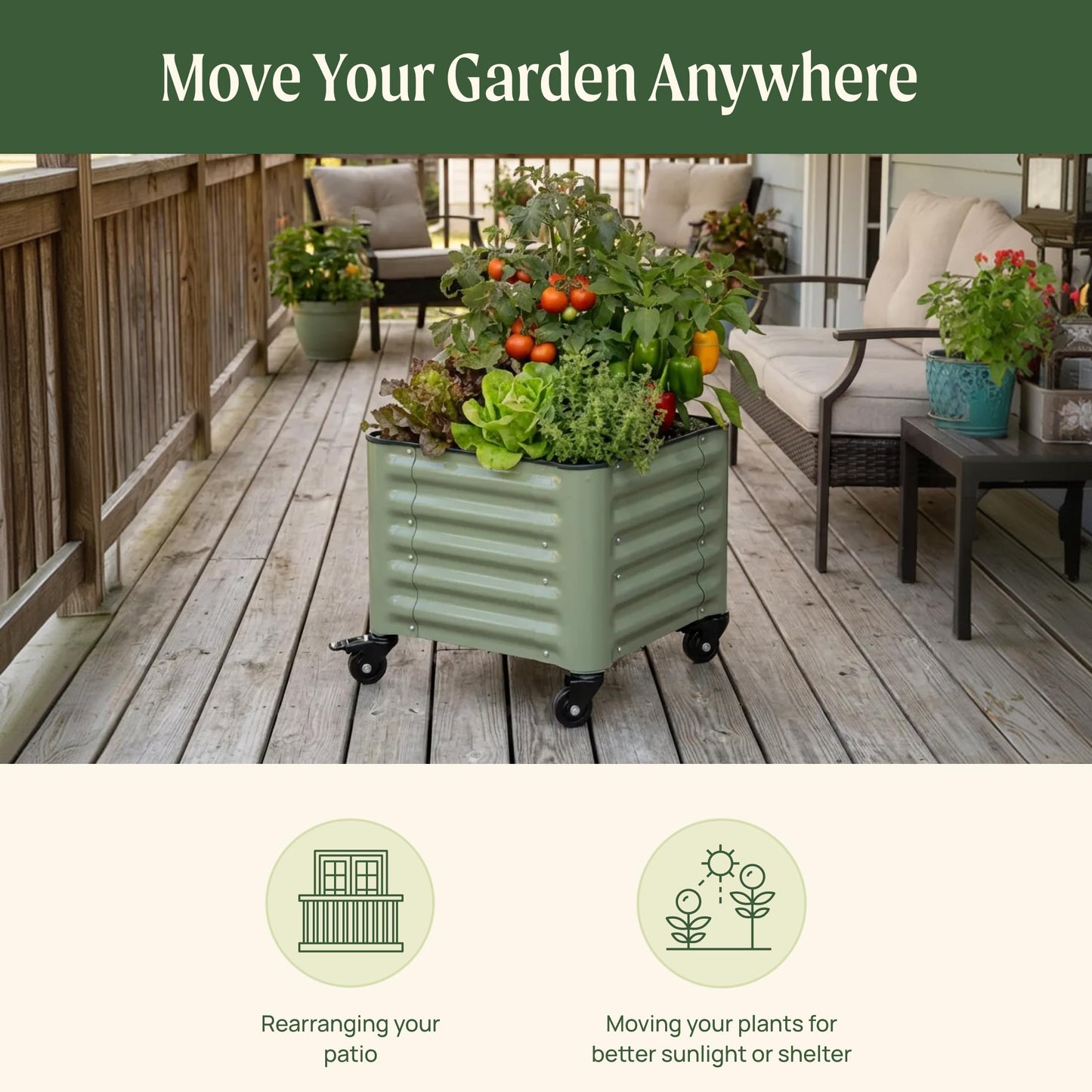 Vego garden Classic Rolling Citrus Tree Planter – 1.75' Mobile Metal Raised Garden Bed for Patio, Deck, Balcony – Deep Planting Space, Durable & Easy to Move (Modern Gray, 1.75'X1.75')