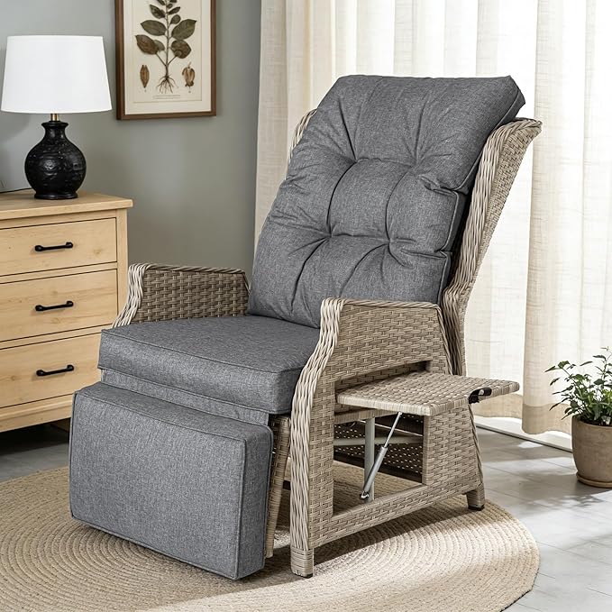 Outdoor Recliner with Adjustable Back and Footrest, Patio 150° Lay Flat Recliner with Flip Table Wicker Reclining Lounge Chair, Grey with Beige Wicker