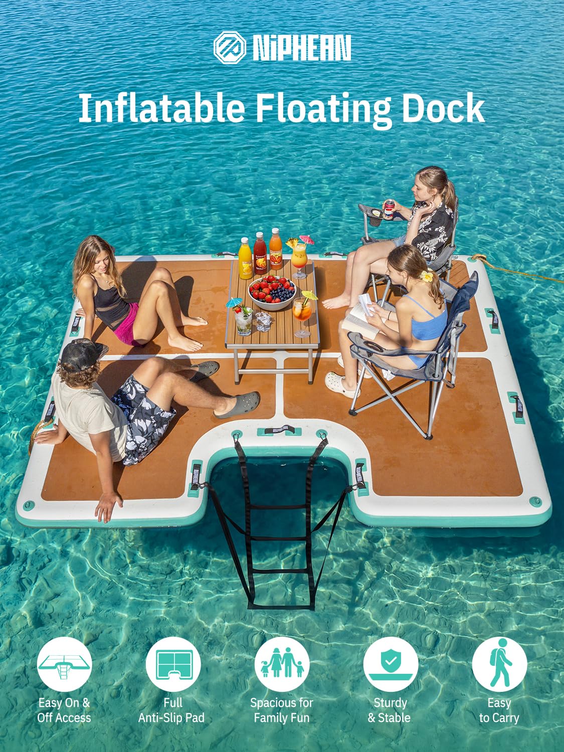 niphean Floating Dock, Non-Slip Inflatable Dock with Upgraded Ladder & 9 Handles, Sturdy Floating Docks for Lakes，Durable Floating Island for Families, Portable Carry Bag, 8×6ft/ 8×10ft