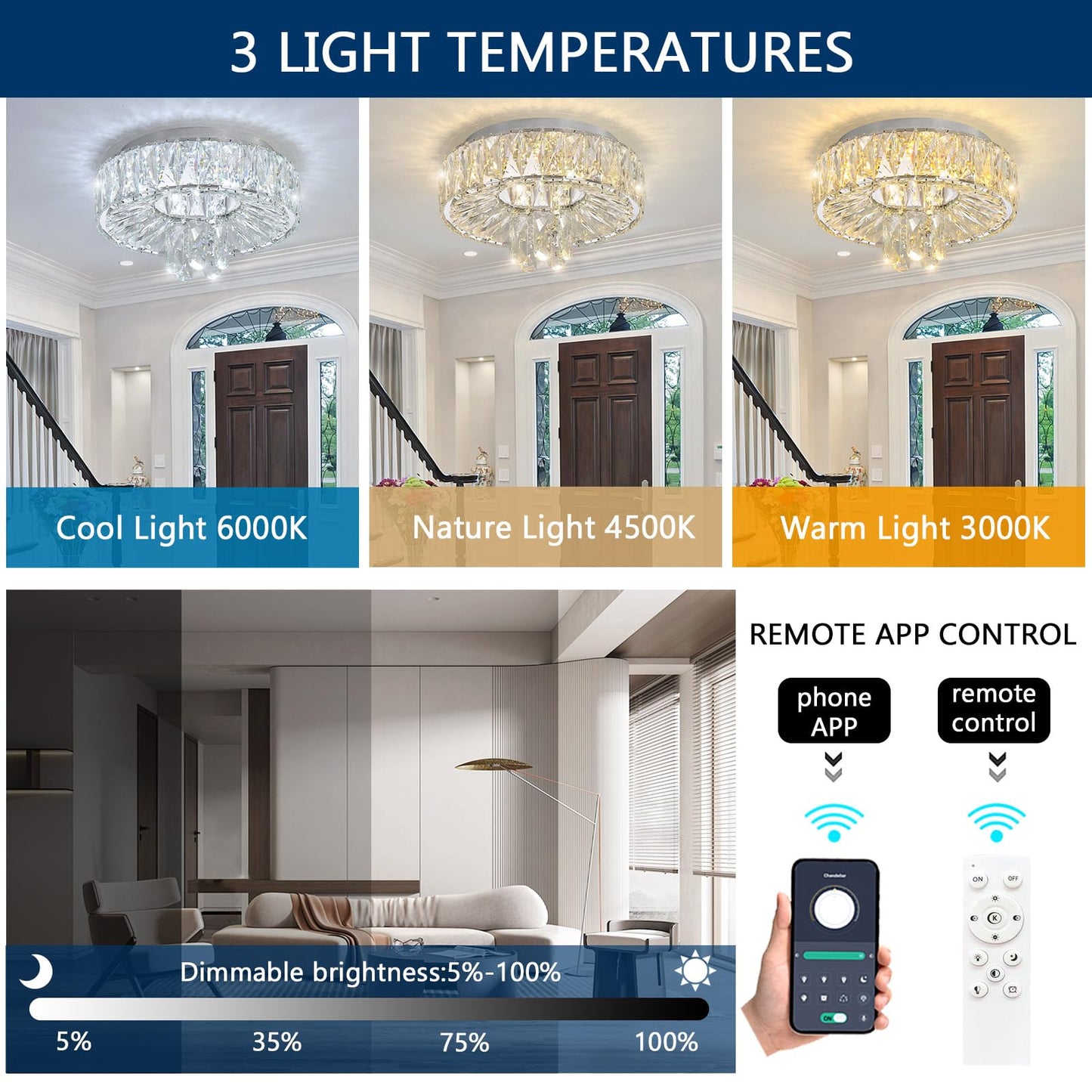 dolria Mini Chandelier Modern Crystal Chandeliers for Hallway Light Fixture LED Flush Mount Ceiling Light Dimmable Lamp for Dining Room Living Room Bedroom