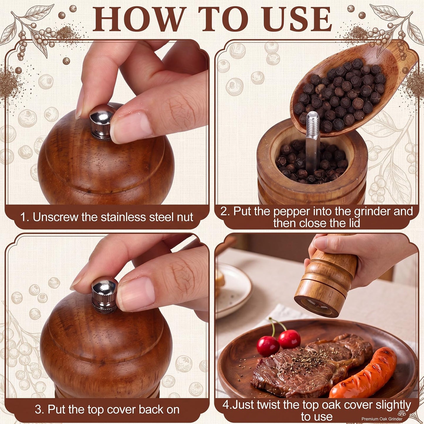 Hushee 6 Pcs Rubber Wood Salt and Pepper Grinder Set, 8 Inch Adjustable Coarseness Manual Pepper Grinder, Refillable Spice Grinders with Tray, Spoon & Cork Labels for Kitchen, BBQ, Camping
