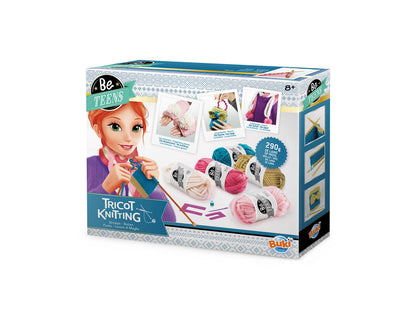 BUKI France Be Teens Knitting Kit – Kids Craft Set with 290g Wool | Learn Finger Knitting, Needle Knitting & Stocking Stitch | Make a Scarf, Purse & Gloves | Creative Gift for Children Age 8+