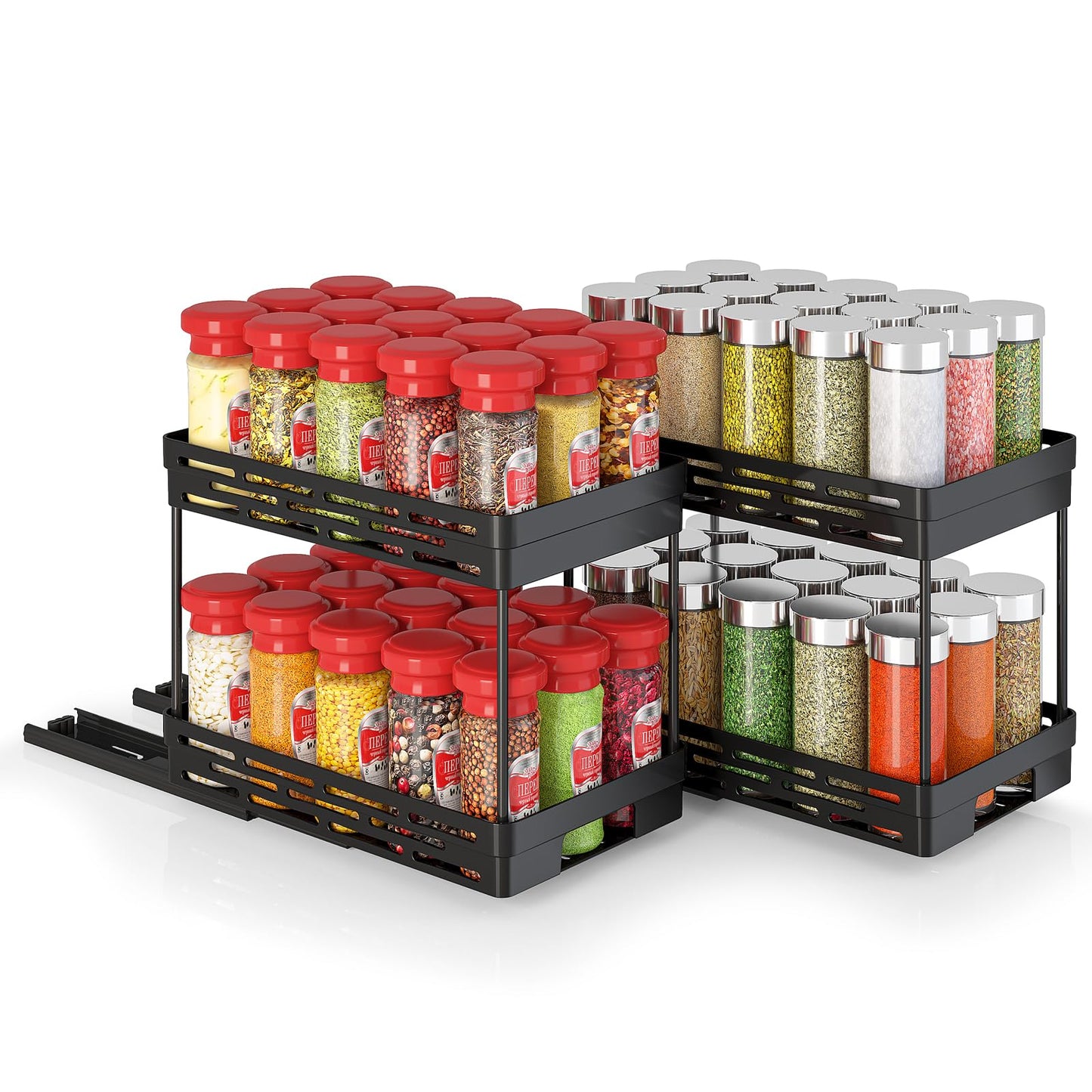 Pull Out Spice Rack Organizer for Cabinet, 3 Packs Slide Out Spice Racks Organizer, Spice Cabinet Organizers, Cabinet Size Need:12'' Highx11'' Deepx5'' Wide,Each Tier Hold 10 Spice Jar - 2 Tier, Black
