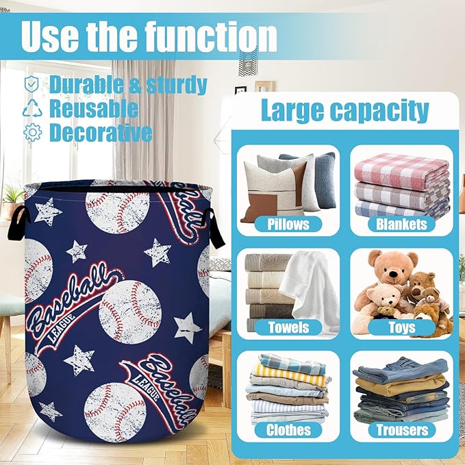 Baseballs and Stars Laundry Basket, Laundry Hamper Collapsible Oxford Cloth