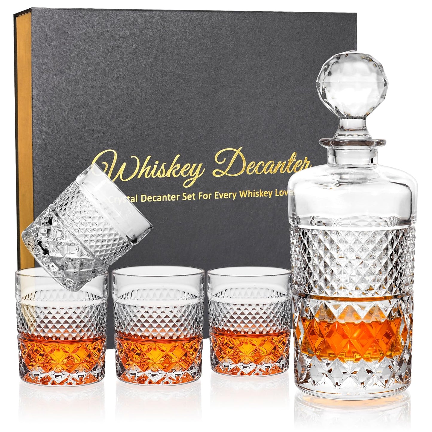 Cambareign 27oz Whiskey Decanter Set in Gift Box, Crystal Whiskey Decanter Sets for Men, Liquor Decanters with 4 Glasses, Gifts for Men Dad
