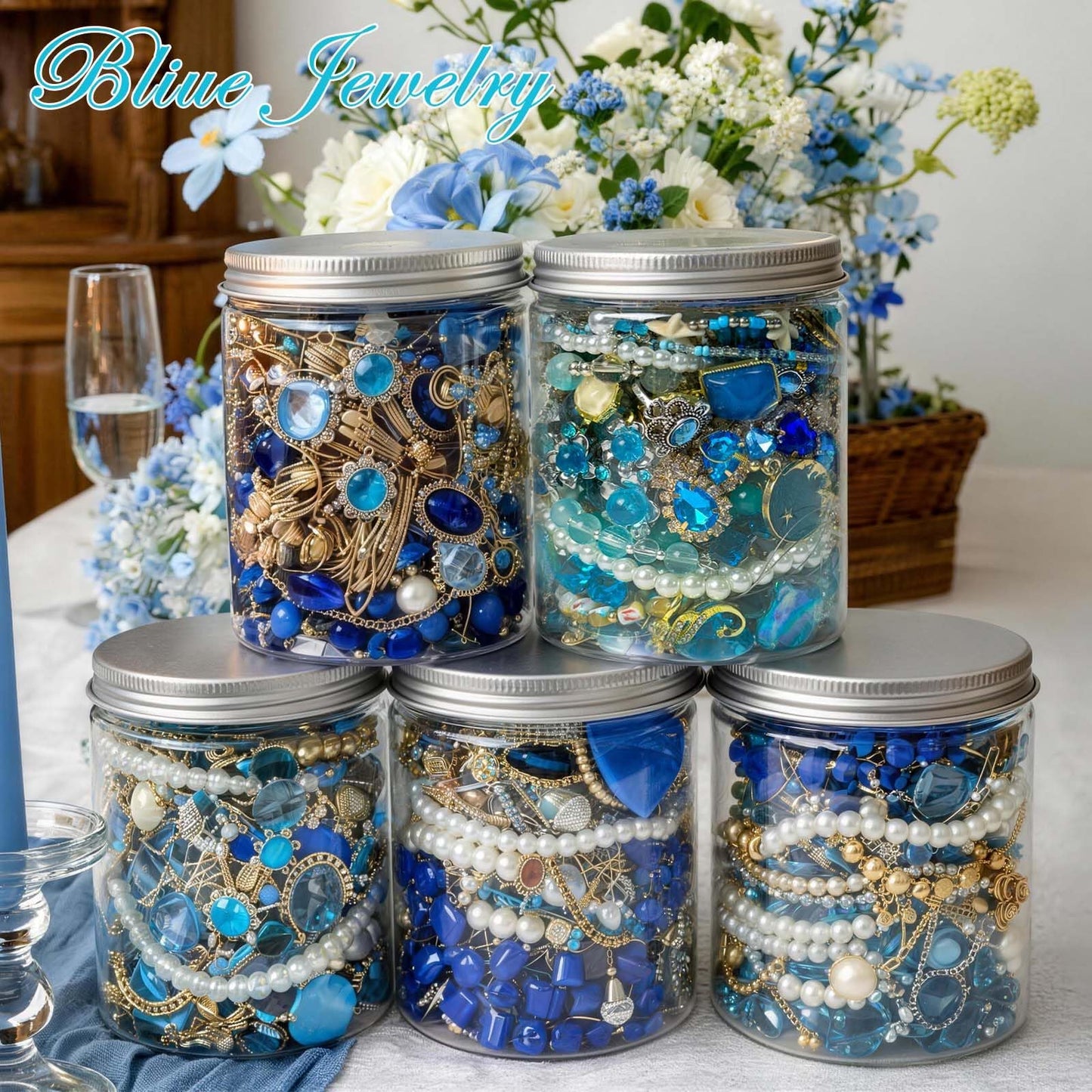 SMUOBT Blue Crystal Mystery Jewelry Jar - 30 Piece Surprise Jewelry Box for Women, Includes Necklace, Earrings, Rings, Bracelet, Choker & More - Gift Ready Unique Birthday Gifts for Her