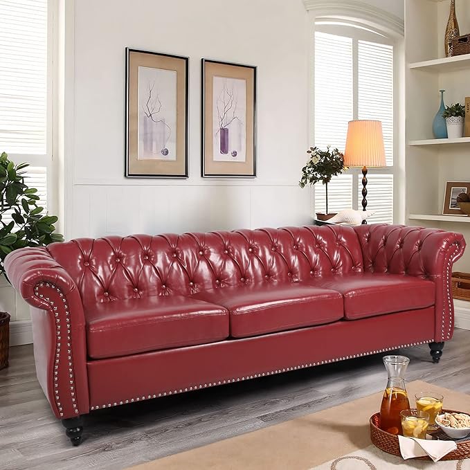 LEVNARY Chesterfield Sofa, Classic Tufted Upholstered Leather Couch, Modern 3