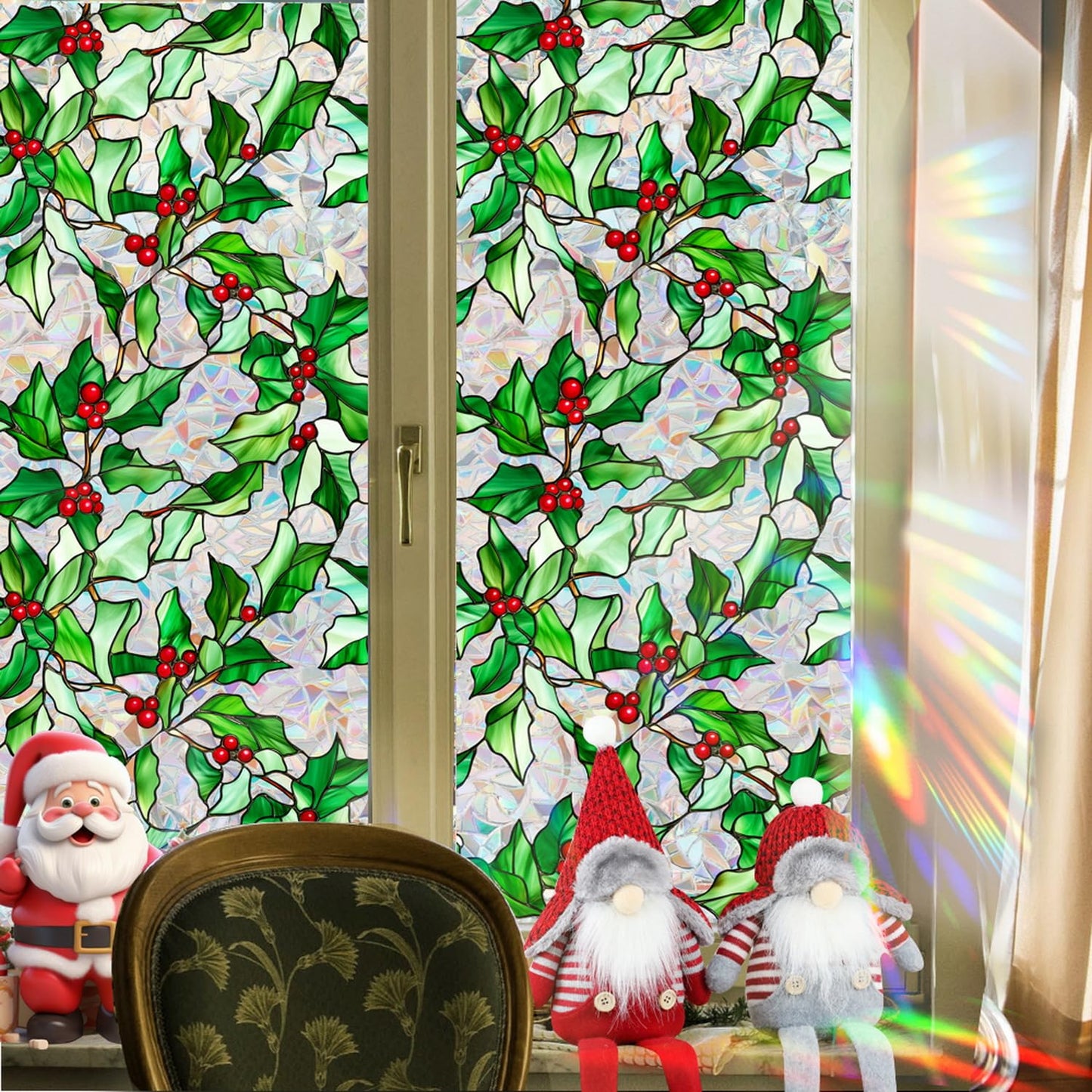 Christmas Window Film Christmas Green Window Clings DIY Glass Art Decoration Xmas Red Berry Designs Privacy Film Stained Glass Window Film Windows Sticker for Holiday Bedroom Door Decor