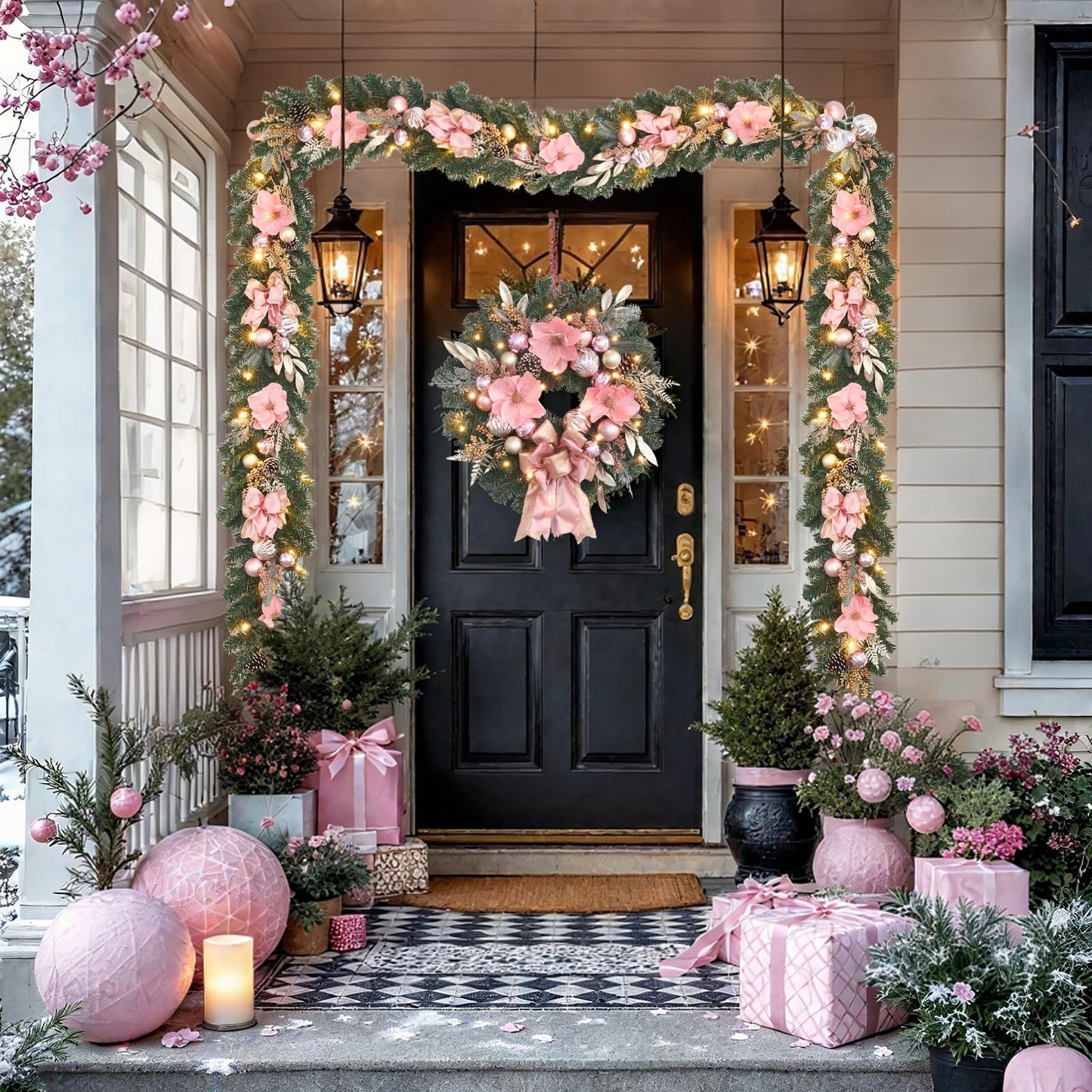 6ft Pink Gold Christmas Garland with Lights,20 LED with Timer, Lighted Door,Fireplace, Mantel and Stairs Winter Decor,Entryway Porch Decoration,prelit Elegant Magnolia Garland for Front Door