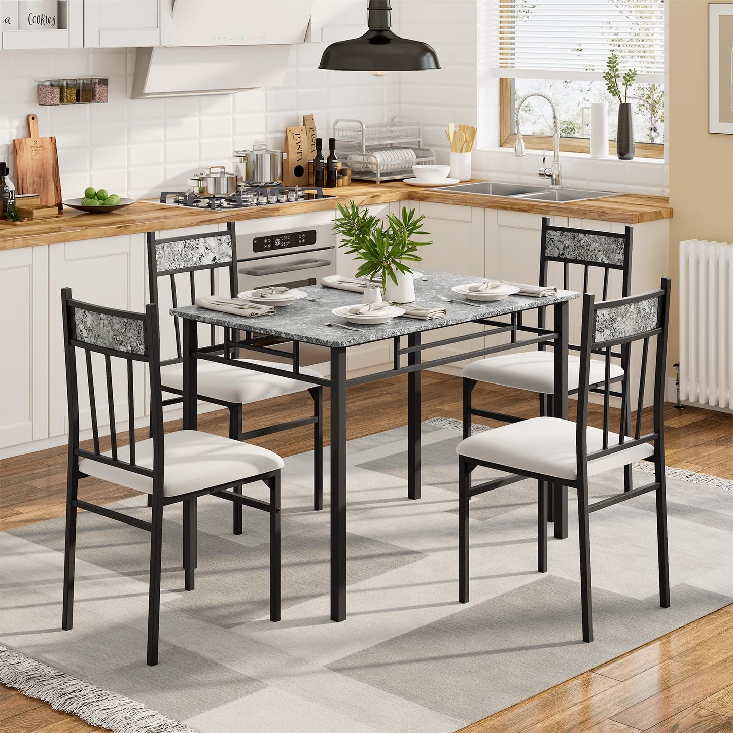 NAFORT 5 Piece Dining Table Set for 4, Faux Marble Kitchen Table and Chairs Set of 4, Vintage Rectangular Dining Room Table with Cushion Padded Seat, Metal and Wood Dining Set Kitchen Furniture, Grey
