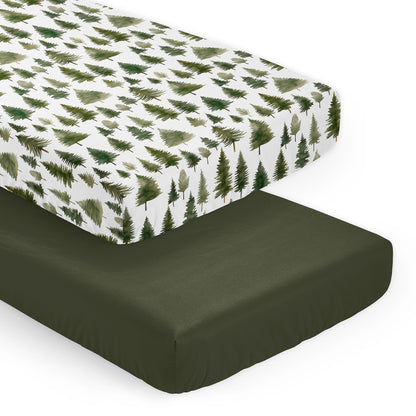 Sweet Jojo Designs 2-Piece Baby Crib Sheets Set (Green Woodland Tree) for Boys or Girls, Infant Nursery, Toddler Room - Standard Size (Neutral, Solid, Forest Pine Trees, Wilderness, Christmas Fir)