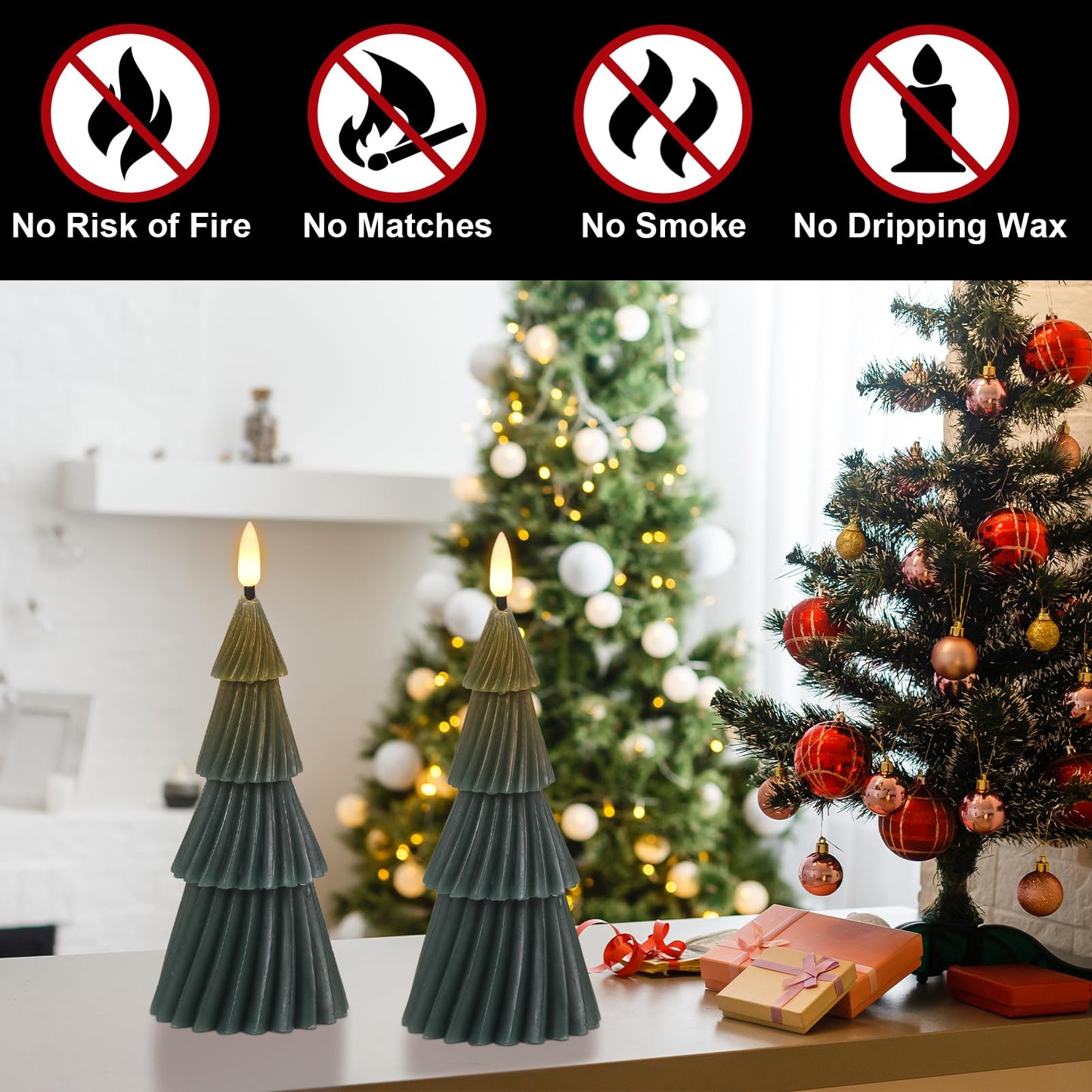 Eldnacele Stripe Christmas Tree Flameless Candle with 6 Hour Timer, Battery Operated(Included) 3D Wick Flickering Real Wax Green LED Candles Xmas Eve Dinner Holiday Decor (2Pcs,3"×7.1")