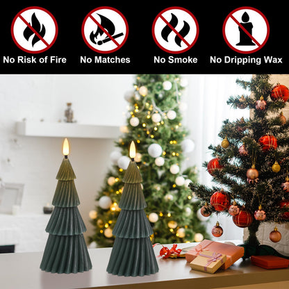 Eldnacele Stripe Christmas Tree Flameless Candle with 6 Hour Timer, Battery Operated(Included) 3D Wick Flickering Real Wax Green LED Candles Xmas Eve Dinner Holiday Decor (2Pcs,3"×7.1")