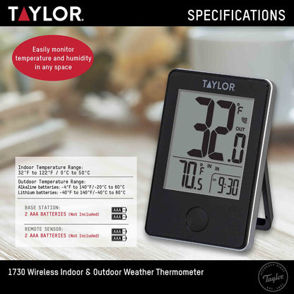 Taylor Wireless Digital Indoor Outdoor Thermometer, Easy to Read Numbers for Patio, Pool, and Indoor Areas, LCD, Black