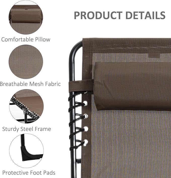 Outsunny Chaise Lounge Chair Outdoor, 5-Position Adjustable Sun Tanning Chair with Carrying Handle and Side Pocket, Folding Bed Cot with Removable Pillow for Garden, Beach, Patio, Pool, Camp, Brown