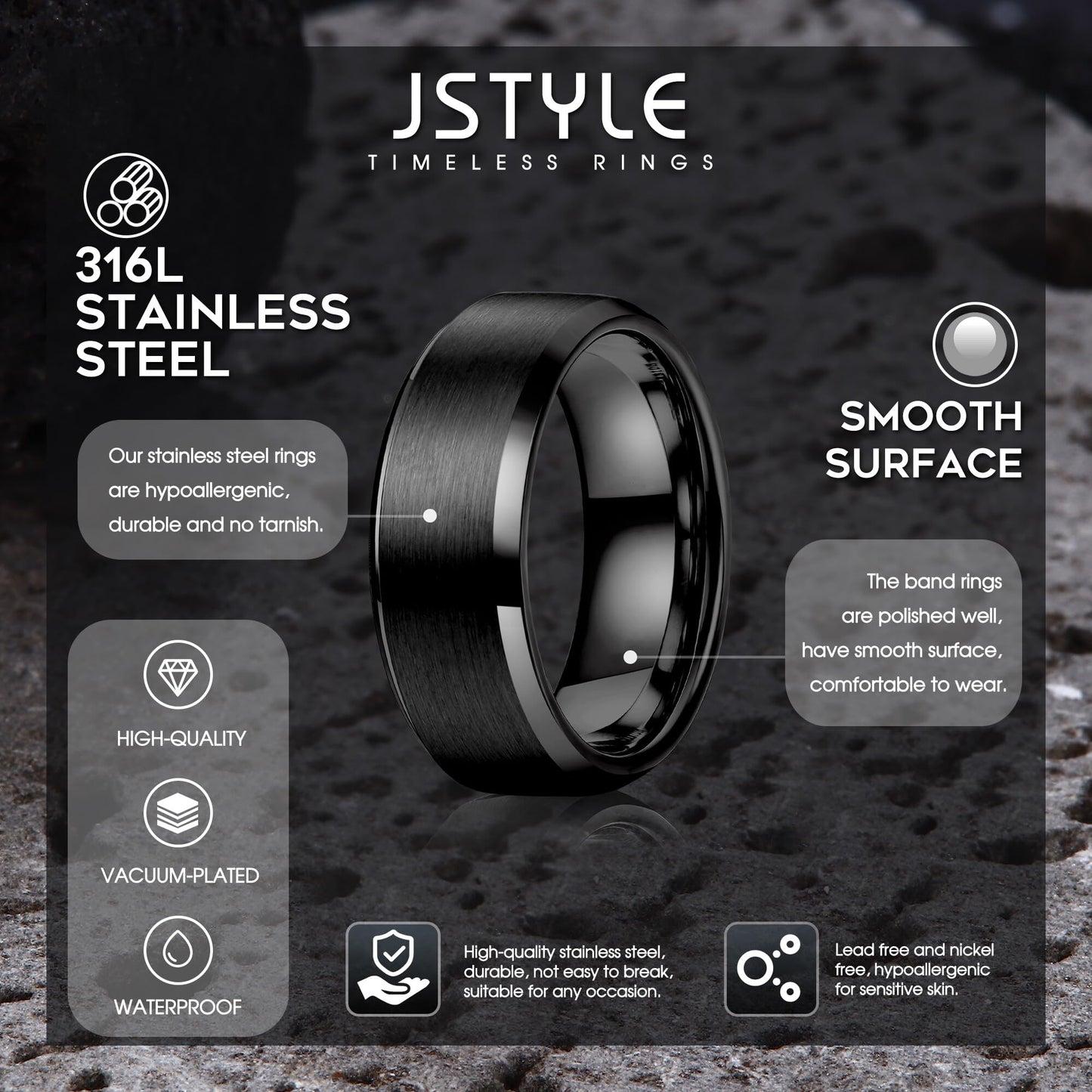 Jstyle Stainless Steel Rings for Men Women 8MM Wedding Band Rings Matte Surface - Beveled Polished Edge Mens Ring Size 6.5 Black Ring for Men
