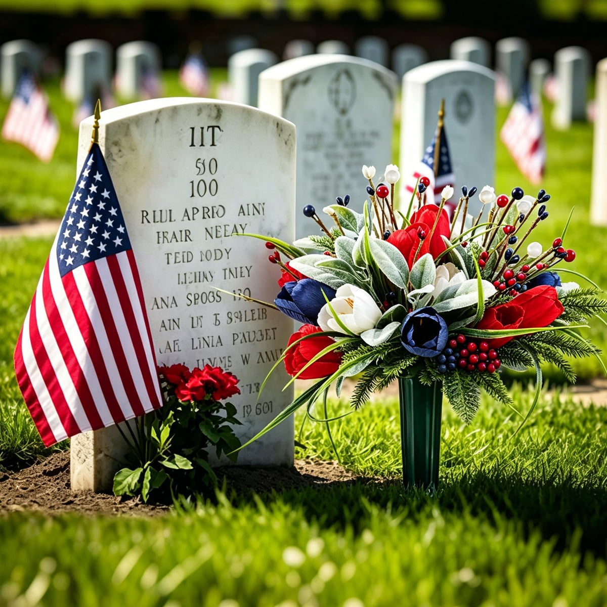 Memorial Day Flowers for Cemetery 2 Sets Artificial Patriotic Cemetery Flowers Red White Blue Roses with Berries & Lamb's Leaves for 250th Anniversary USA 4th of July Memorial Day Grave Outdoor Decor