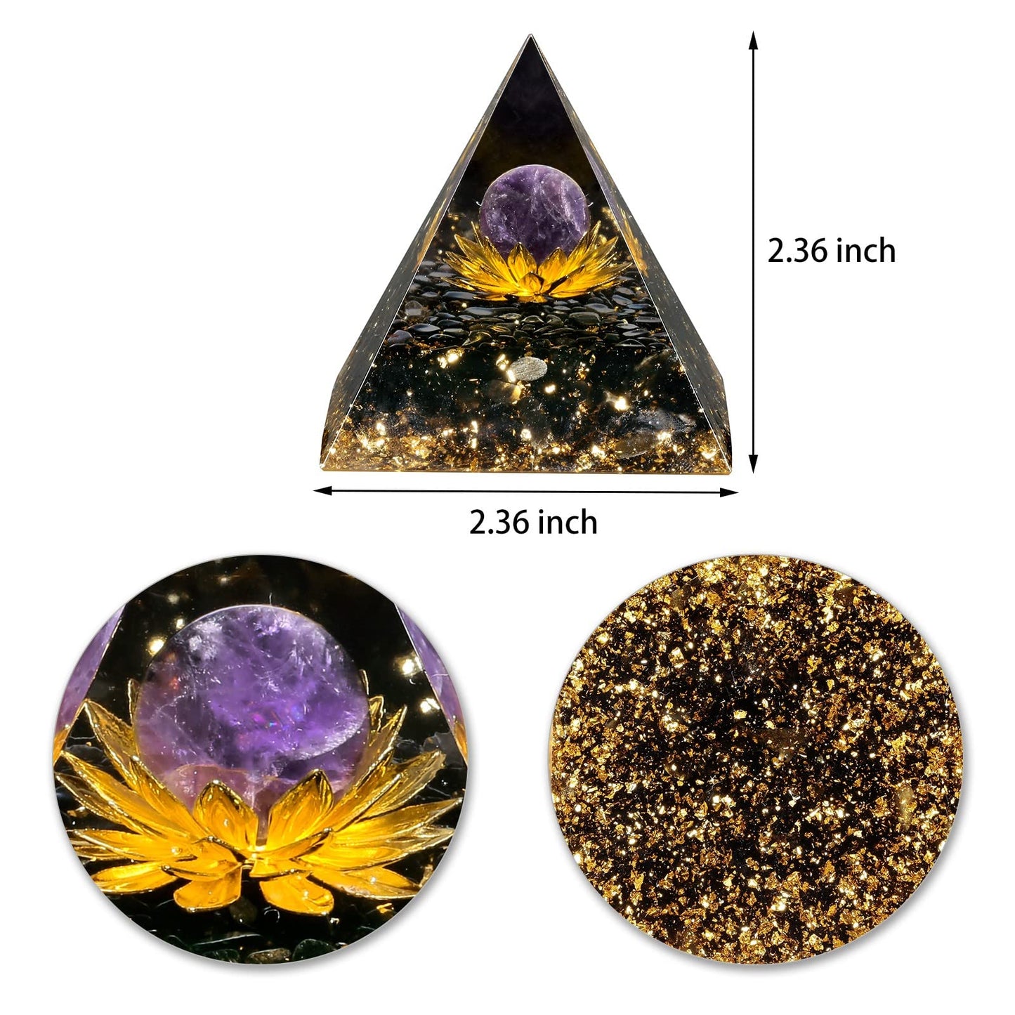 SUNYIK Crystal Sphere Orgone Pyramid with Black Obsidian Tumbled Stones and Golded Lotus Base Energy Generator for Meditation Office Home Decoration, Amethyst Crystal Stone