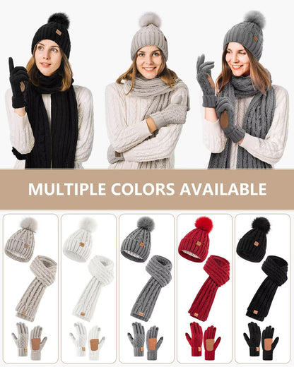 Womens Beanie Hat Scarf Gloves Set, Soft Fleece Lined Winter Hat with Pom Pom, Long Knit Scarf Neck Warmer Touchscreen Gloves for Cold Weather, 3 in 1 Warm Set Stocking Stuffers for Women(Oatmeal)