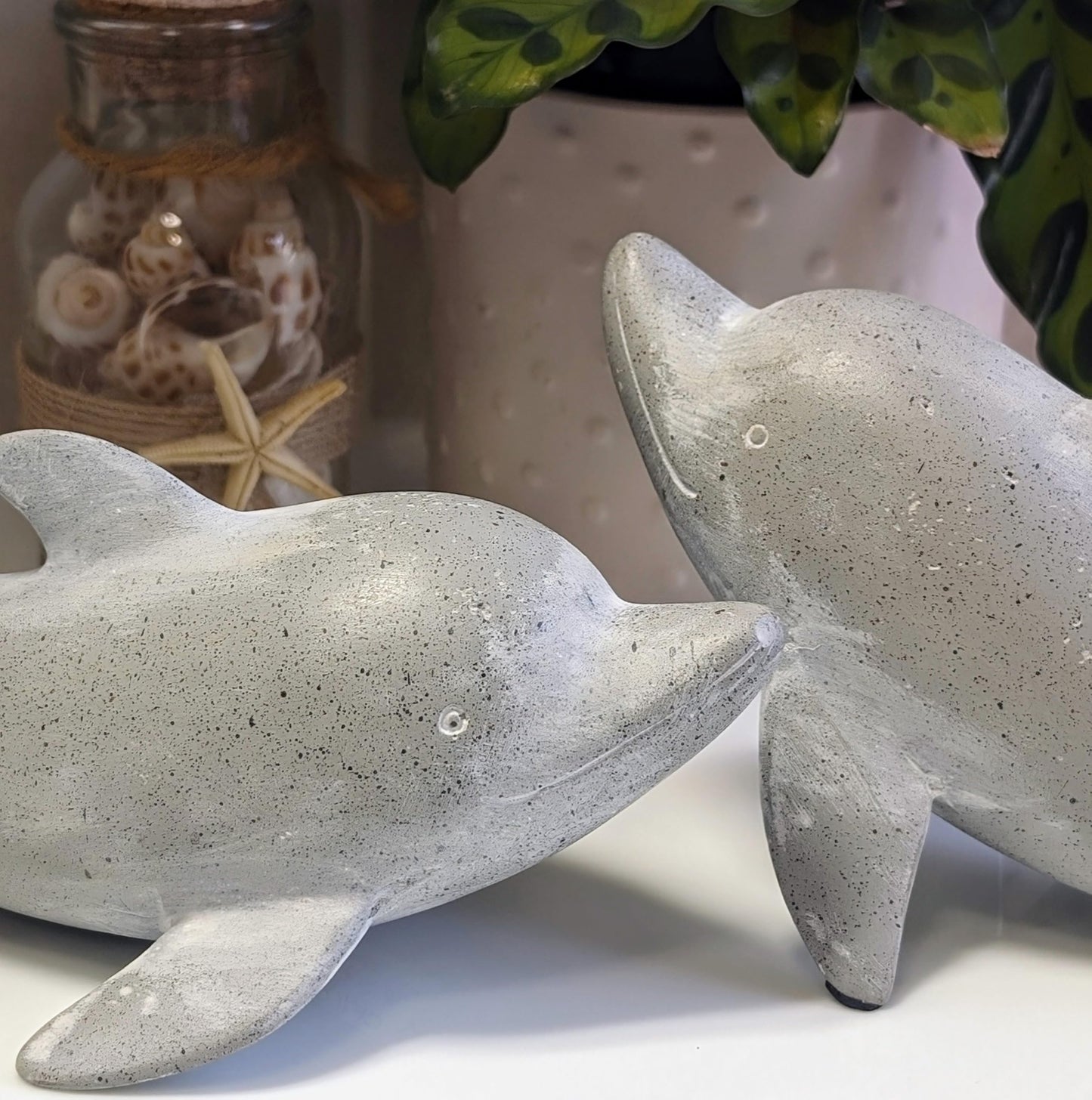 Huey House Dolphin Sculptures Set of 2, Gray Resin Coastal Shelf Decor