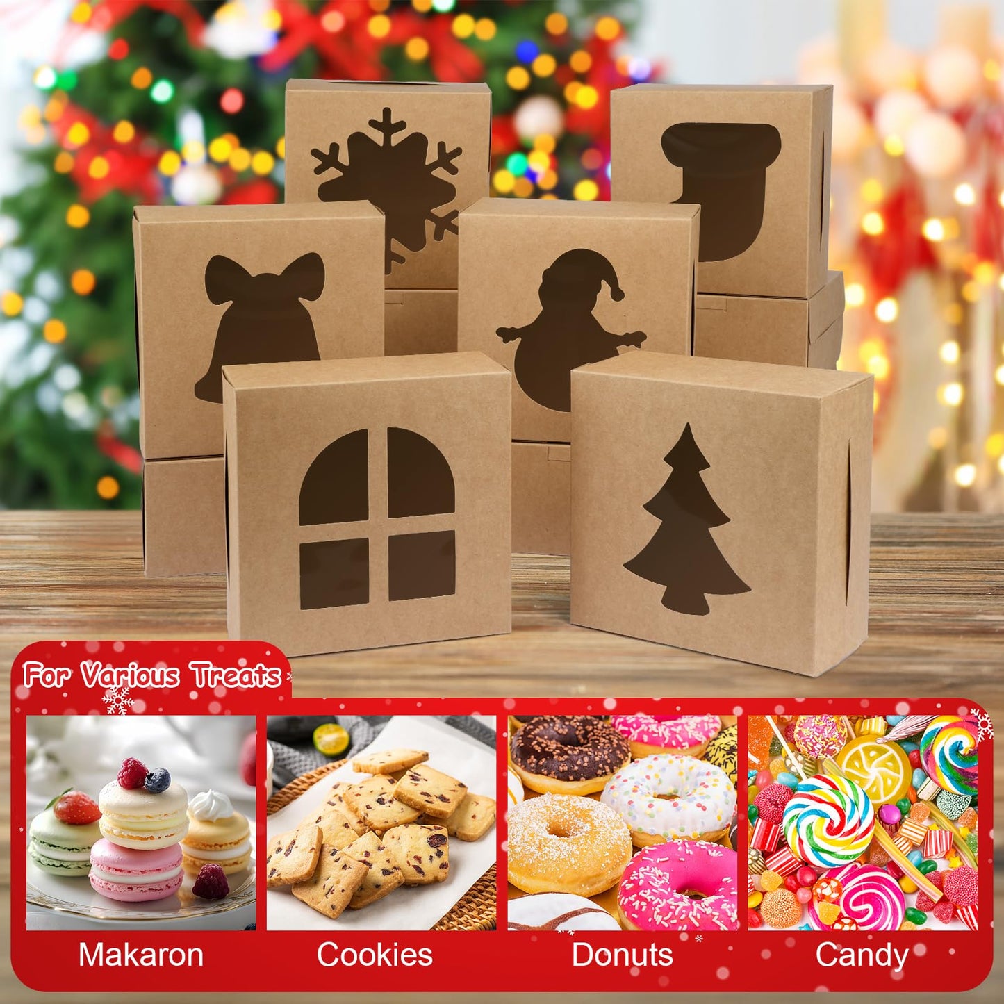 12 PCS Christmas Cookie Boxes, 6×6×3 Inches Treat Boxes Tin, Small Pastry Boxes with Window, for Gift Giving Packaging Dessert Bakery Cupcake Baked Goods (Brown)