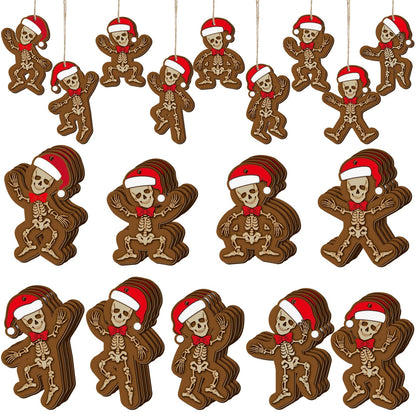Huwena 36 Pcs Christmas Wood Ornaments Skeleton Gingerbread Man Ornaments Christmas Wooden Hanging Tree Decorations with Rope for Xmas Home Decorations