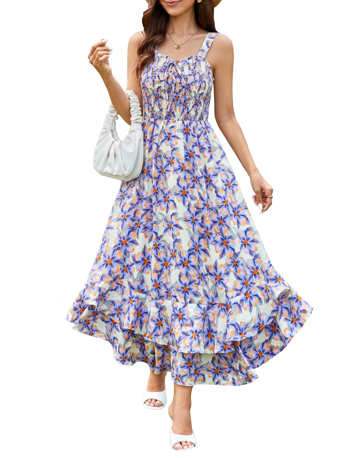 GRACE KARIN Women's 2025 Summer Floral Boho Dress Square Neck Strapped Swing A Line Sundress Beach Long Maxi Outfits